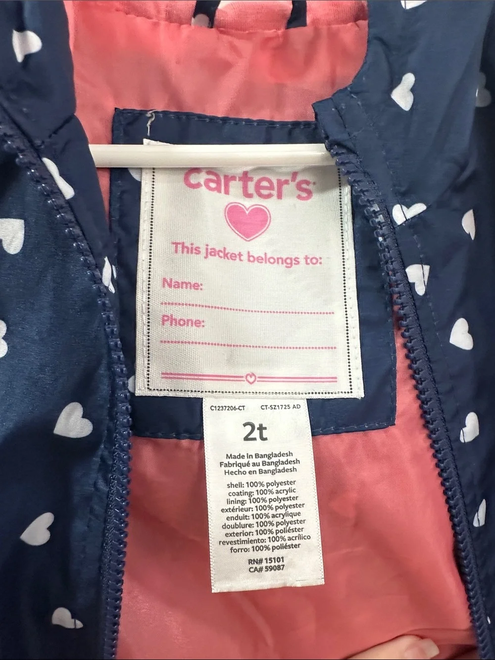 Carter's Navy Hooded Raincoat with White Hearts